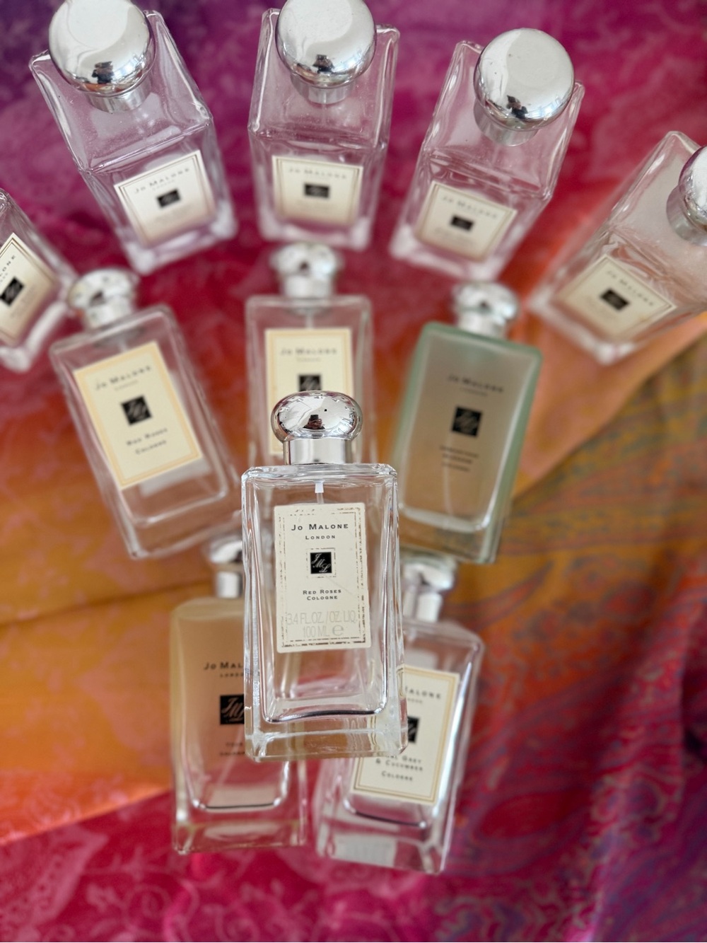 Jo Malone Clear Glass Cologne Bottles with Silver Caps.  11 bottles!!!